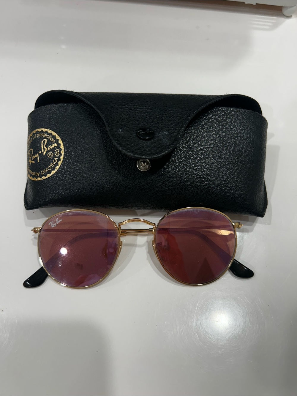 Ray-Ban Women’s Round Gold Frame Sunglasses with Purple Brown Lenses